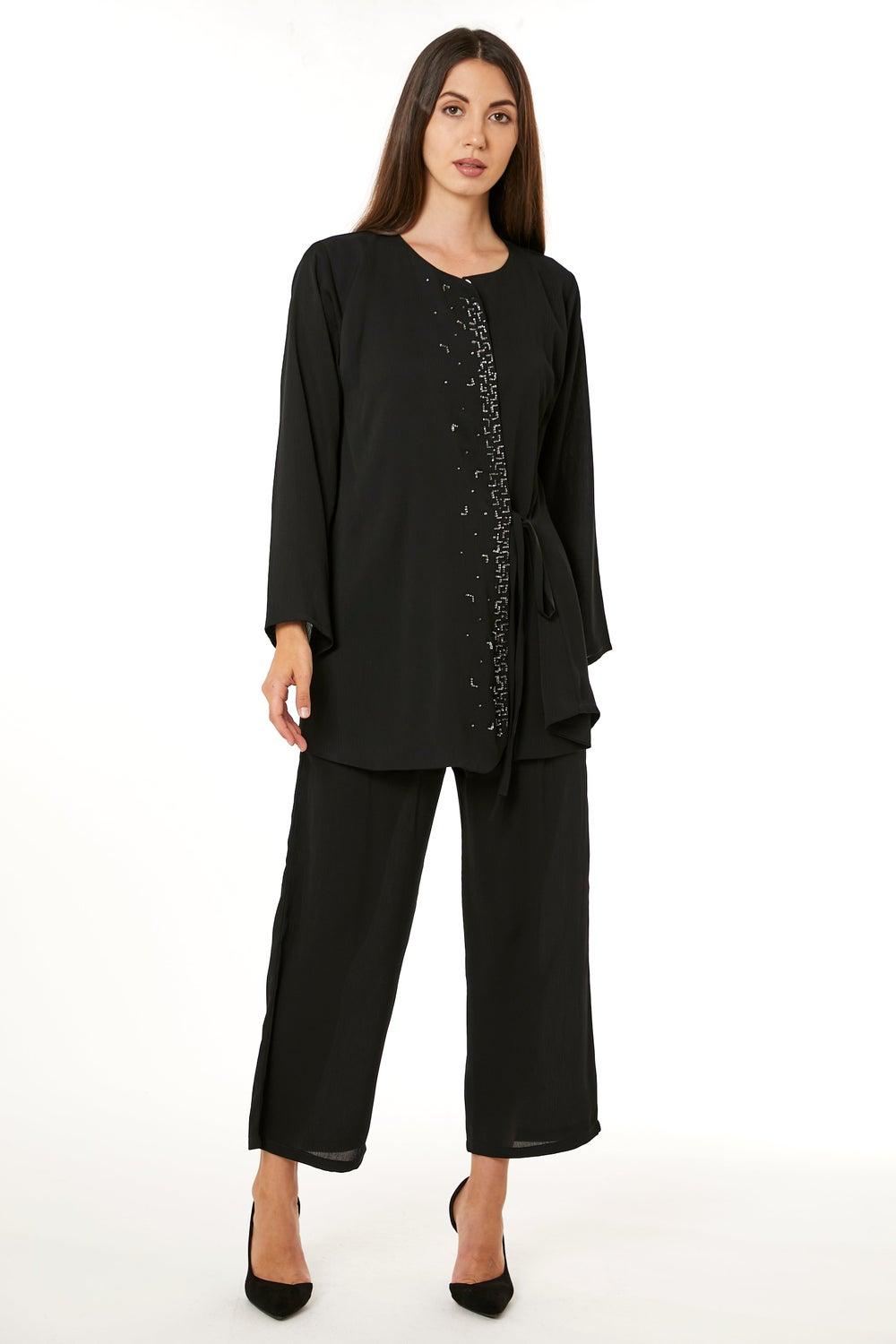 Black Embellished Long Sleeve Top & Pant Set - Image 1