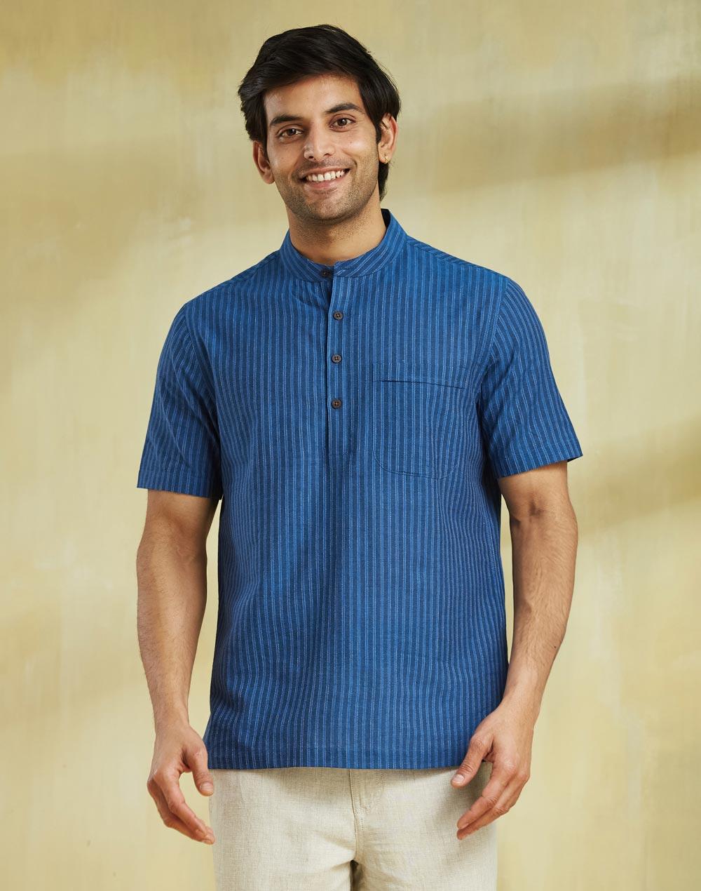 Blue Striped Cotton Henley Shirt Classic Mid Placket - Image 1
