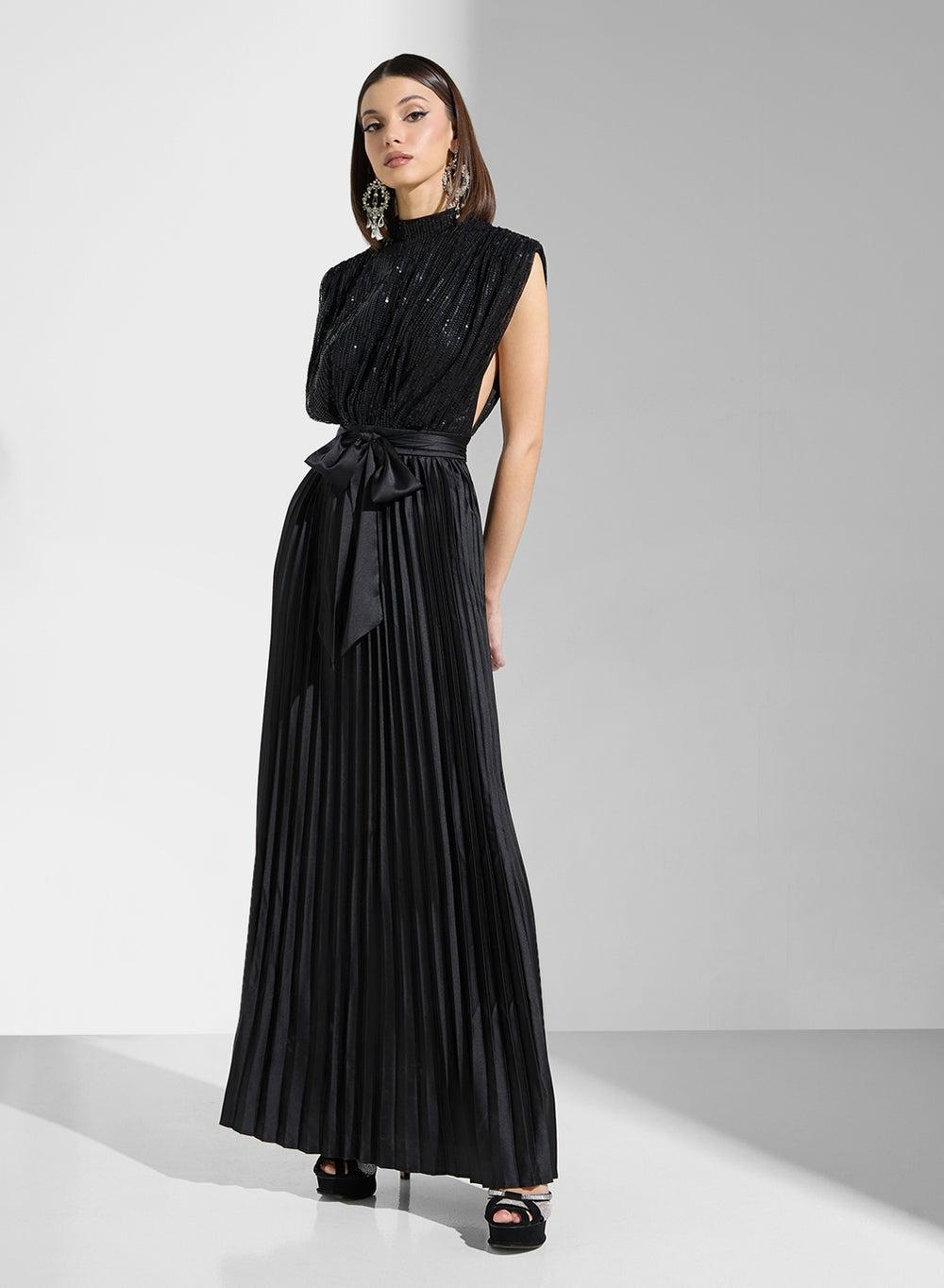 Black Sequin Pleated Maxi Gown Dhm1236 - Image 1