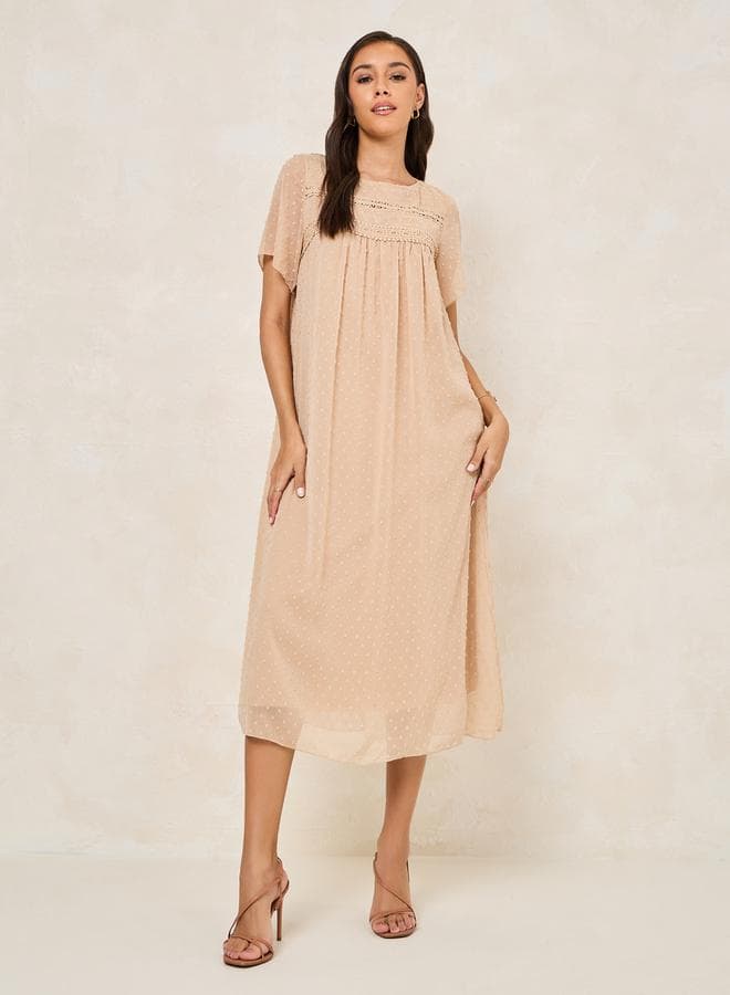 Swiss Dot Lace Trim Midi Dress 7007799111Cream - Image 1