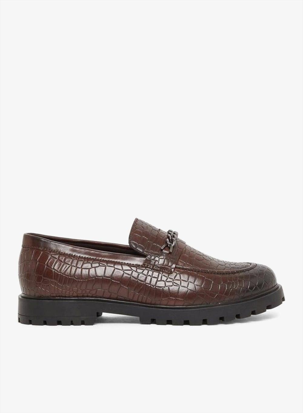 Brown Croc-Textured Chain Accent Chunky Loafers - Image 1