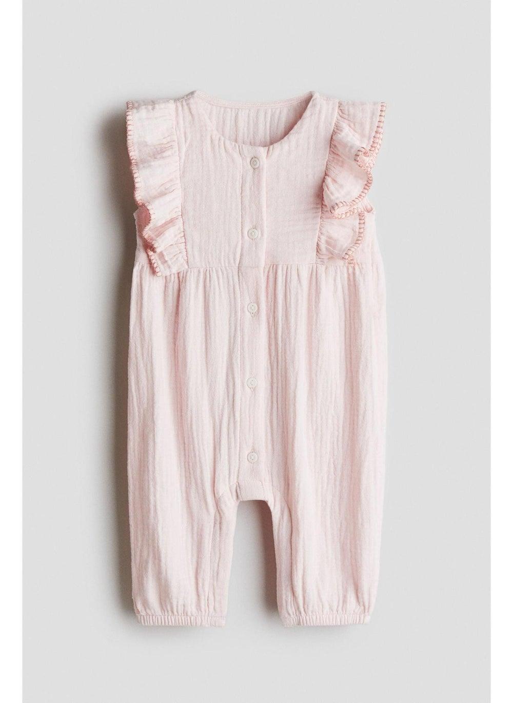 Dusty Pink Frilled Muslin Baby Romper Suit - Image 1