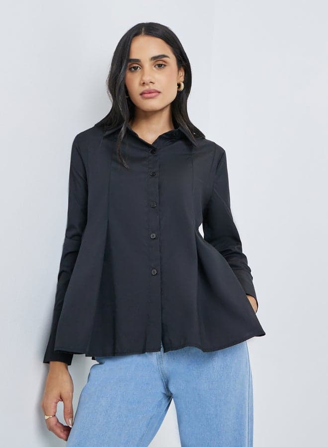 Styli Black Flared Box Pleat Long Sleeve Shirt - Image 1