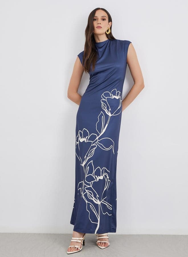 Styli Floral Sleeveless Navy Maxi Bodycon Dress - Image 1