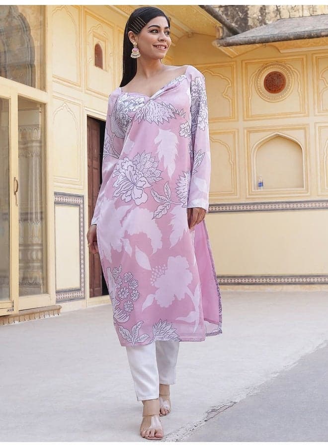 Pink Floral Twisted Neck Kurta Set - Image 1