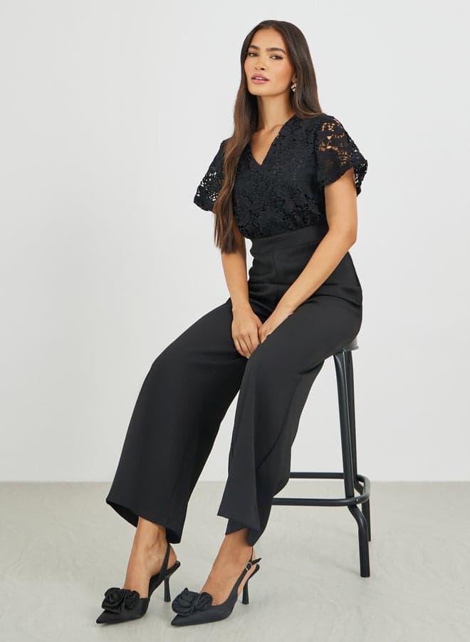 Black Lace Insert Wide Leg Evening Jumpsuit - Image 1