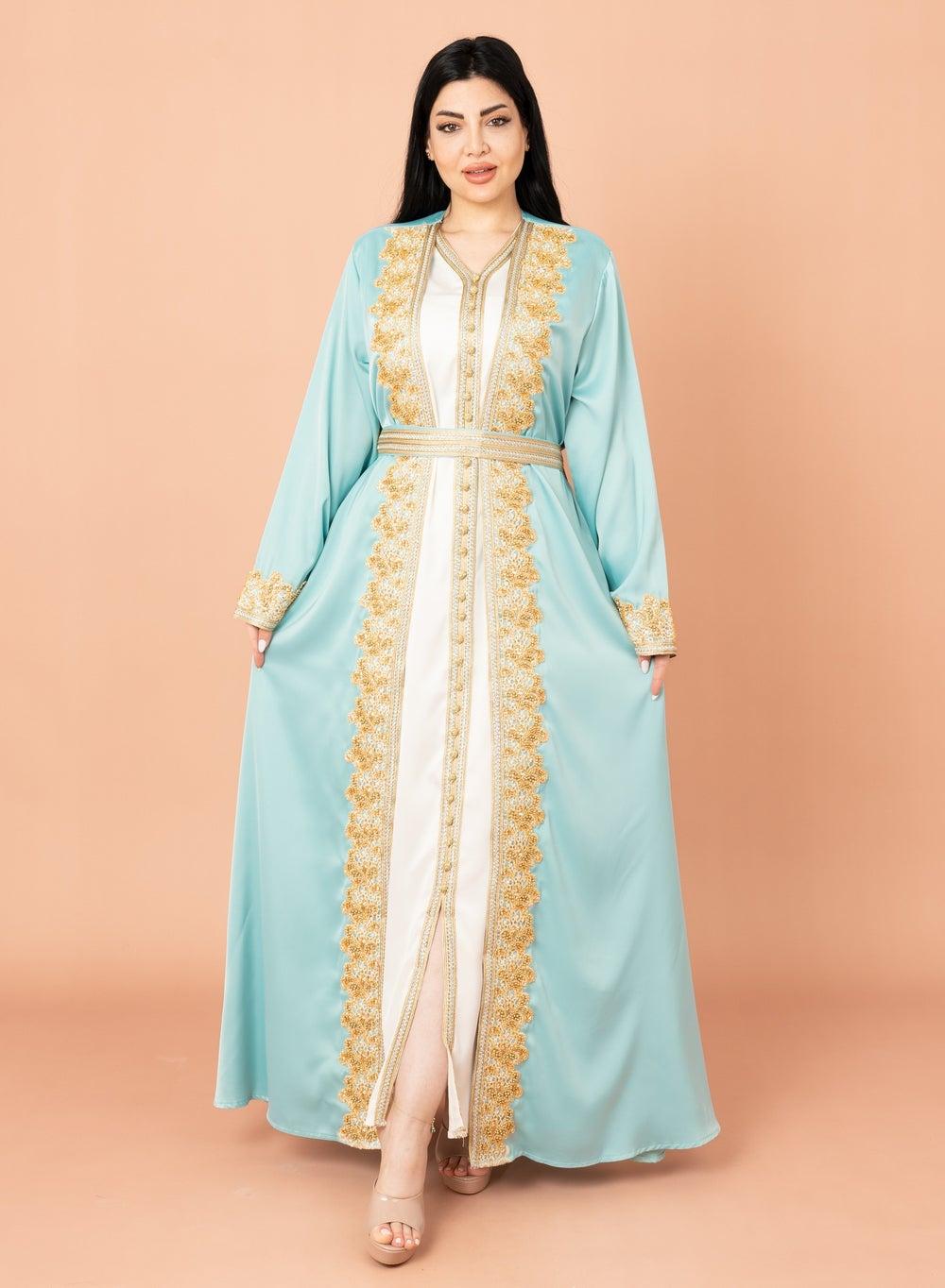 IK2020 Turquoise Belted Elegant 2-Piece Kaftan - Image 1