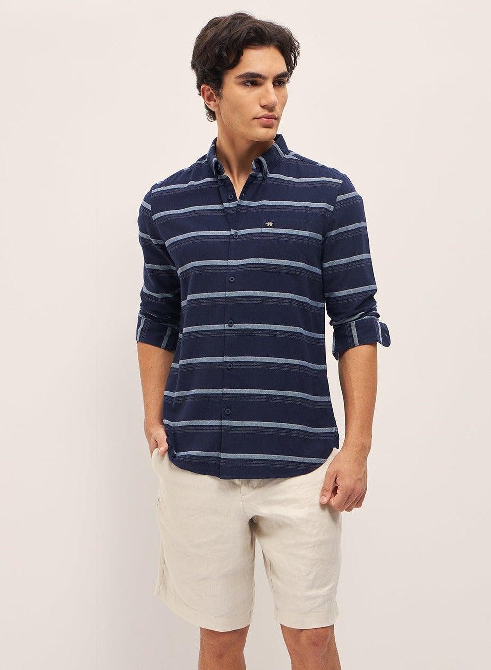 Men’s Navy Striped Cotton Shirt Classic Fit Long Sleeve - Image 1