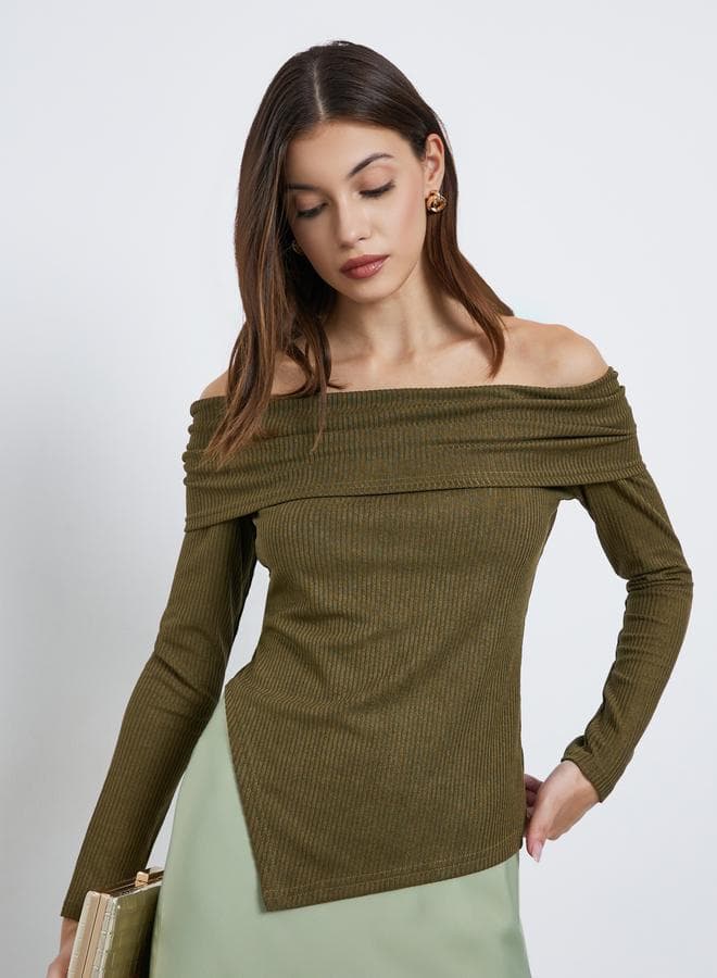 Styli Olive Off-Shoulder Knit Top Long Sleeve - Image 1