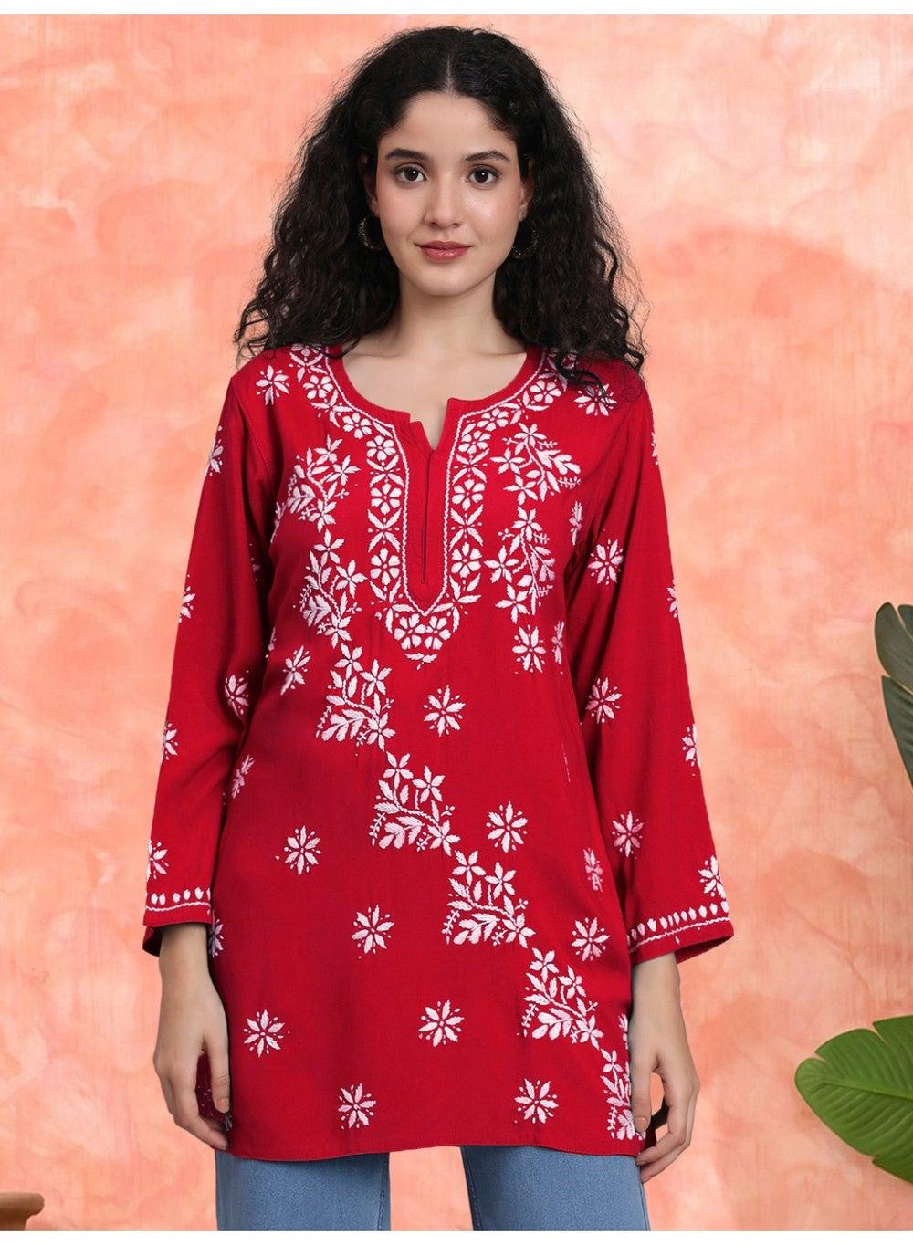 Red Chikankari Hand Embroidered Rayon Kurti AL4071 - Image 1