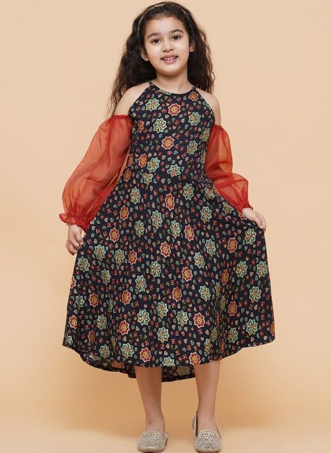 Navy Blue Floral Fit & Flare Girls Midi Dress - Image 1