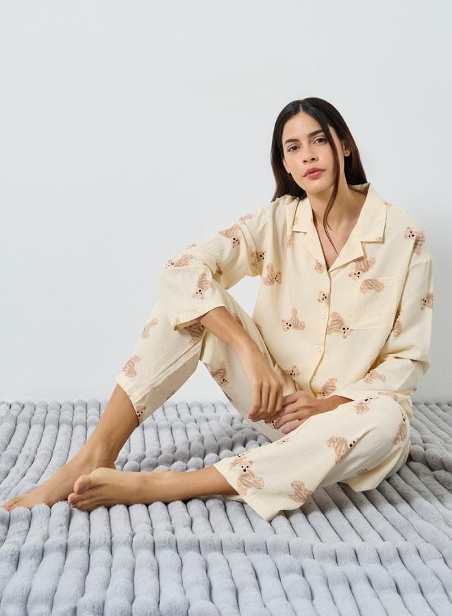 Styli Teddy Print Cream Pyjama Shirt Set - Image 1
