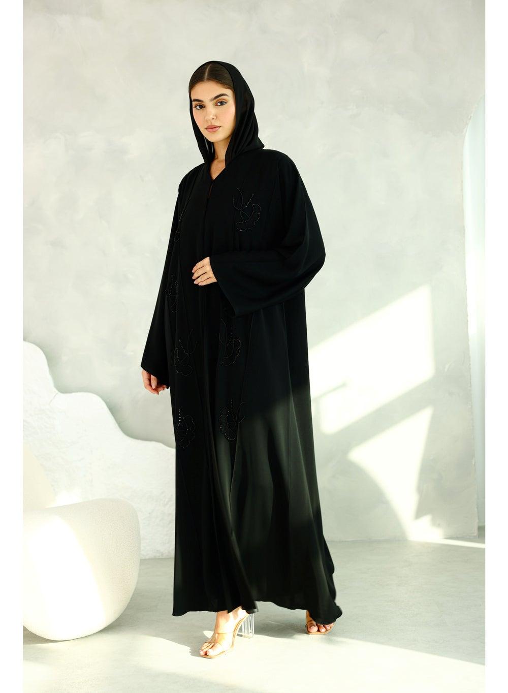 Embellished Black Beaded Asymmetric Abaya - Image 1