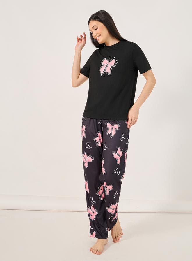 Black Bow Graphic Print Pyjama Set 7011629020 - Image 1