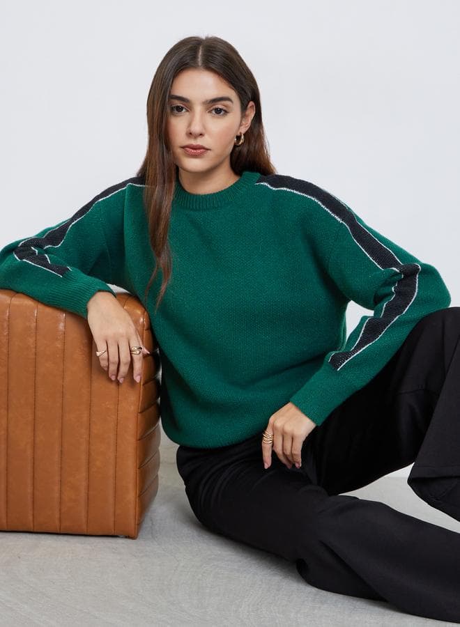 Styli Dark Green Striped Regular Fit Sweater - Image 1