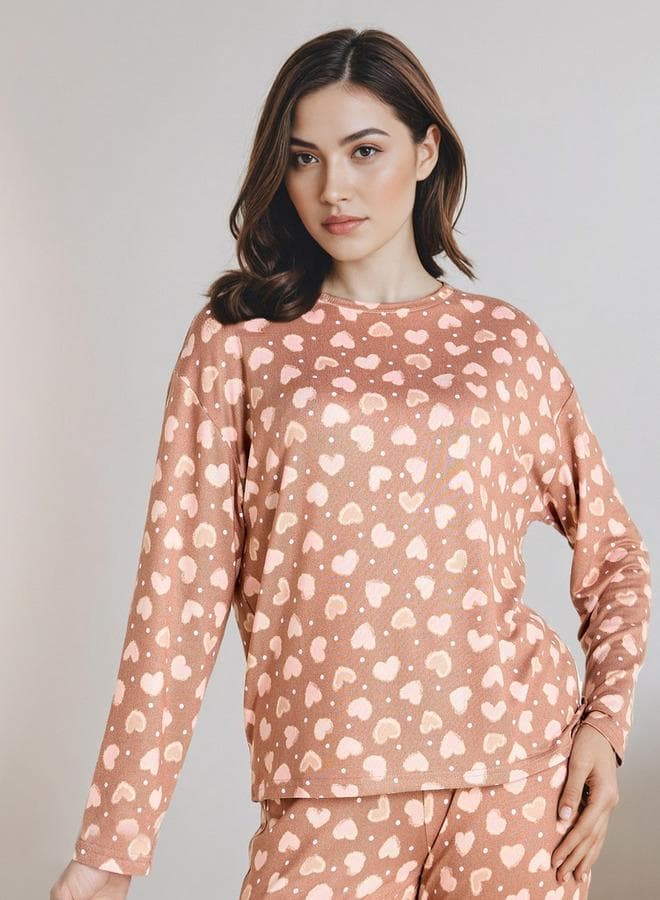 Brown Soft-Stretch Pyjama Set T-Shirt & Trousers - Image 1