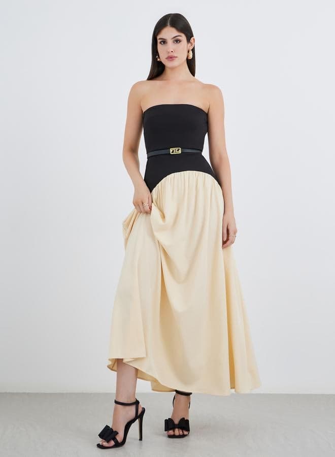 Cream Color Block Strapless A-Line Maxi Dress Belted - Image 1
