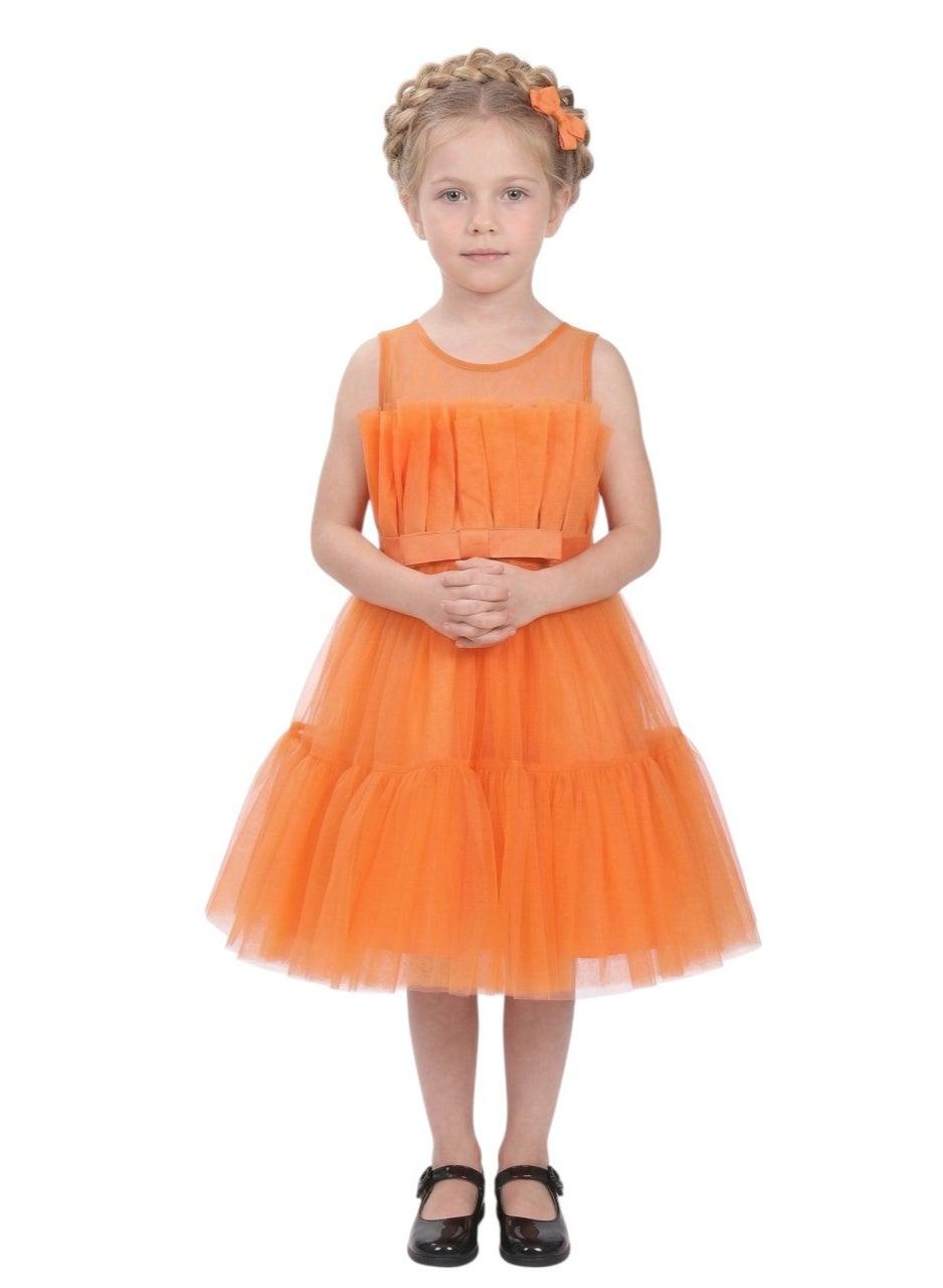 Bright Orange Tiered Tulle Ruffle Midi Dress - Image 1