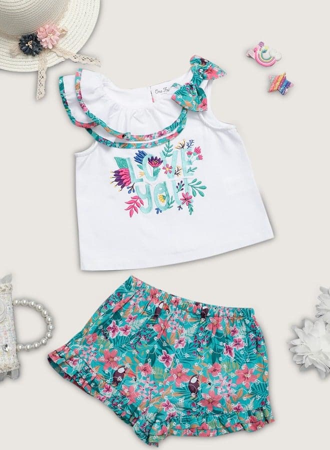 One Friday Baby Girls Floral Frill White Top & Shorts Set - Image 1