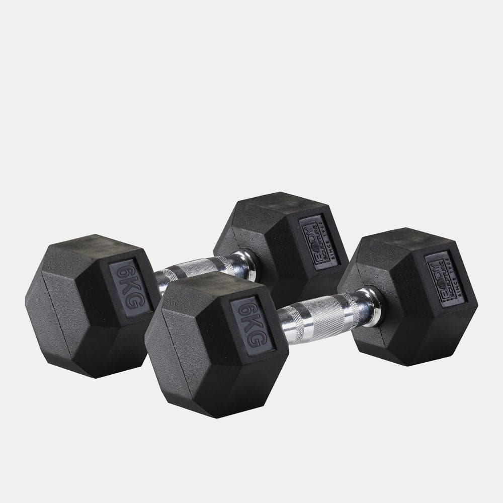 Hex Rubber Dumbbell 6kg Pair with Chrome Grip - Image 1