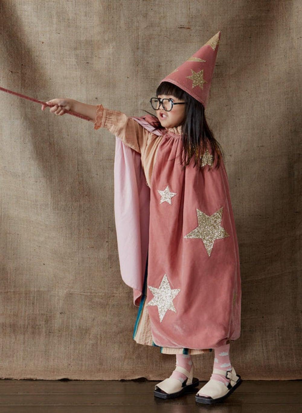 Pink Velvet Wizard Costume with Gold Stars & Wand - Image 1