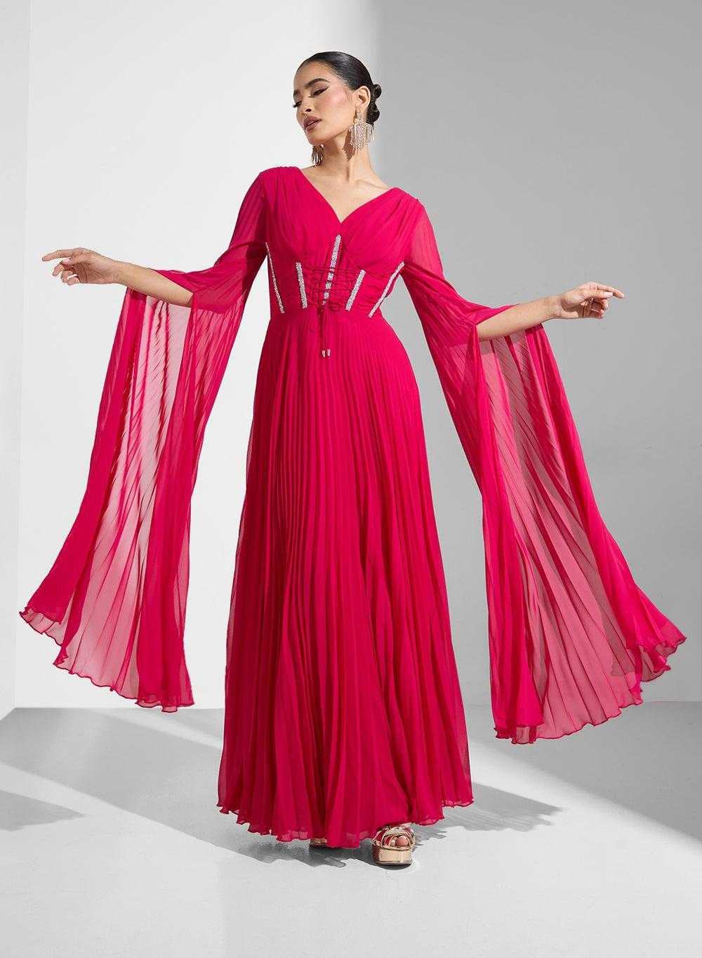 Nx15 Fuchsia Pleated Chiffon Maxi Dress - Image 1