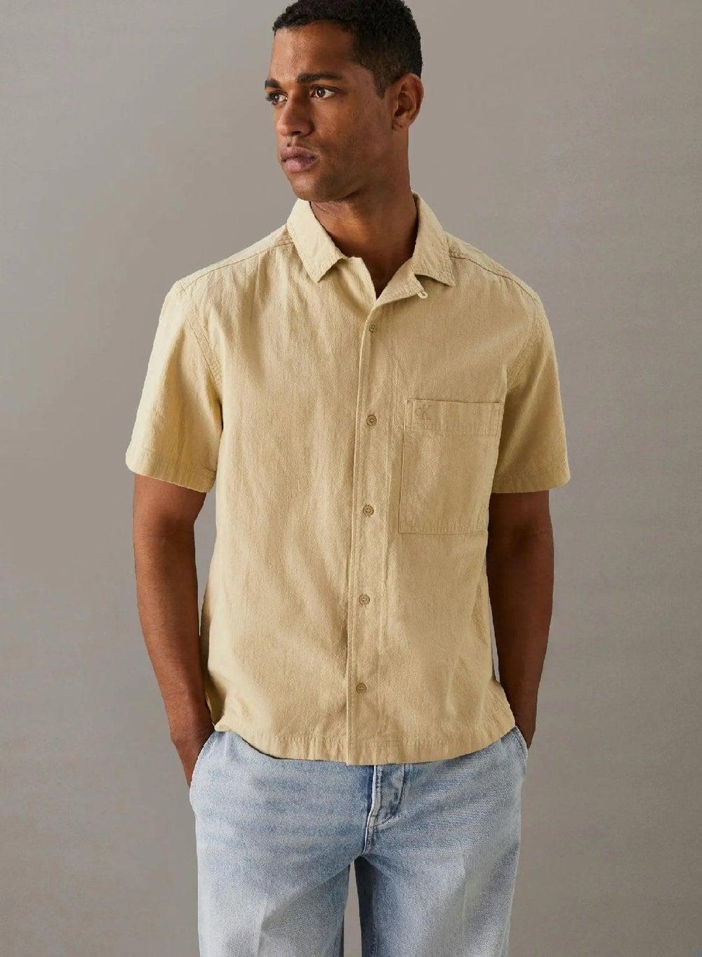 Textured Cotton Short Sleeve Shirt Pale Khaki - Image 1