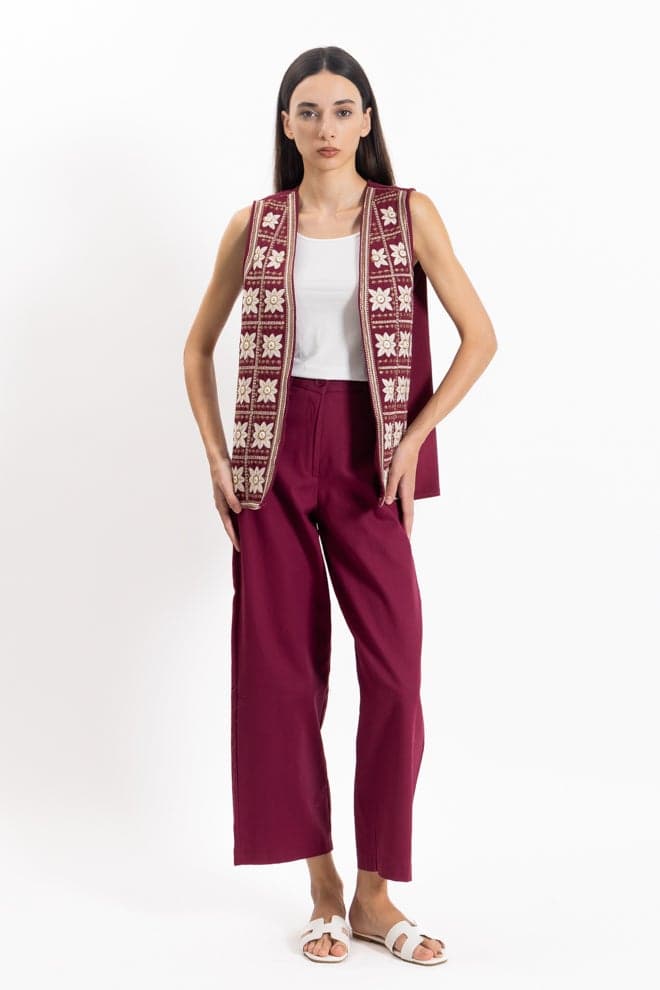 Maroon Embroidered Waistcoat Pants Set - Image 1