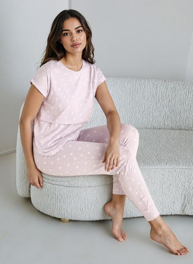 Beige Printed Cotton Maternity Pyjama Set - Image 1