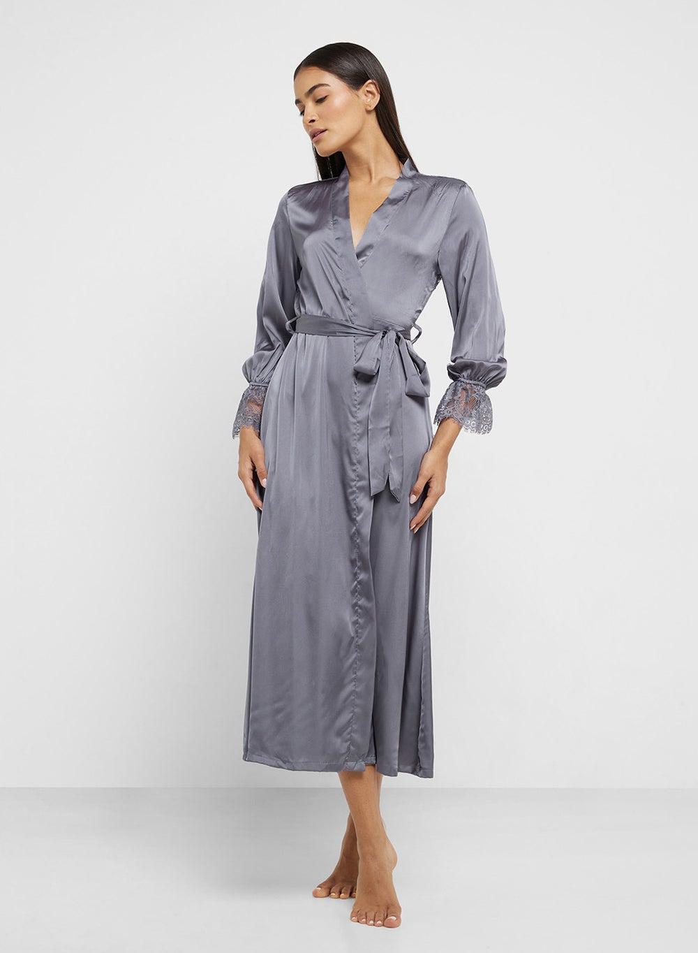 Grey Night Robe 250310 with Lace Back Detail - Image 1