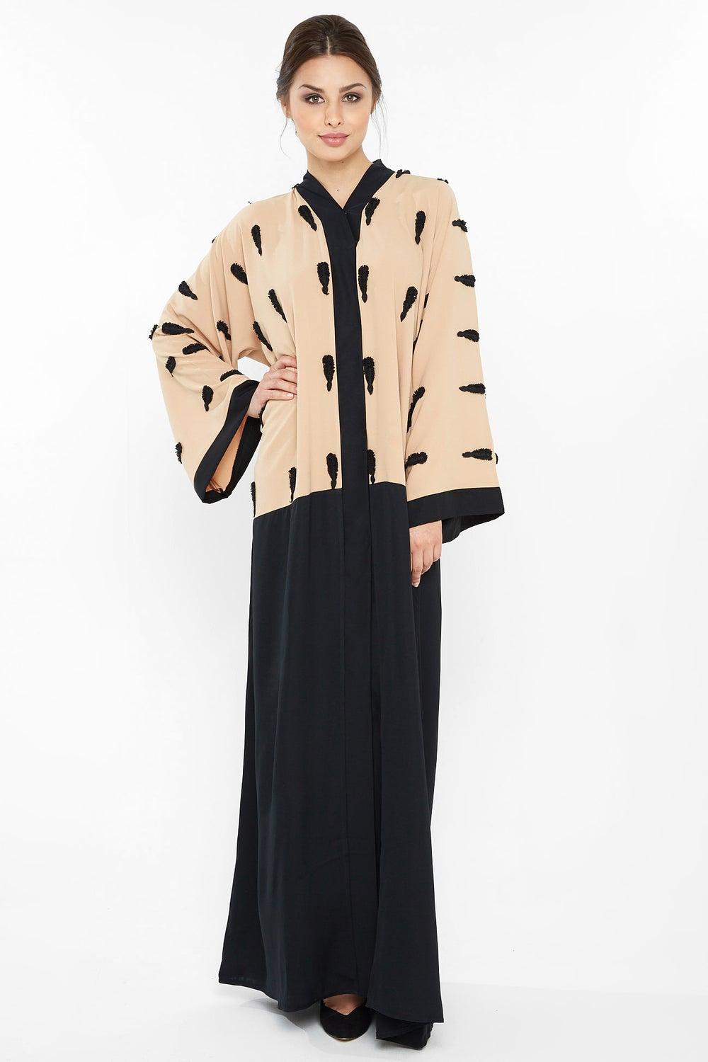 Cream Abaya Aj395A with Black Floral Embroidery - Image 1