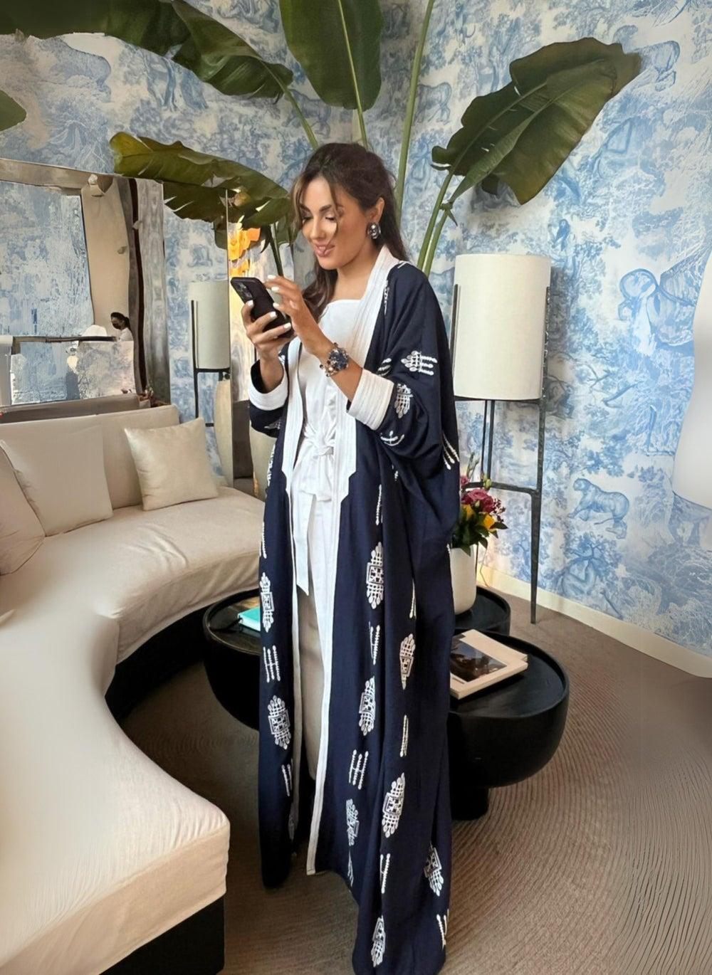 Bader Navy Blue Linen Embroidered Abaya - Image 1
