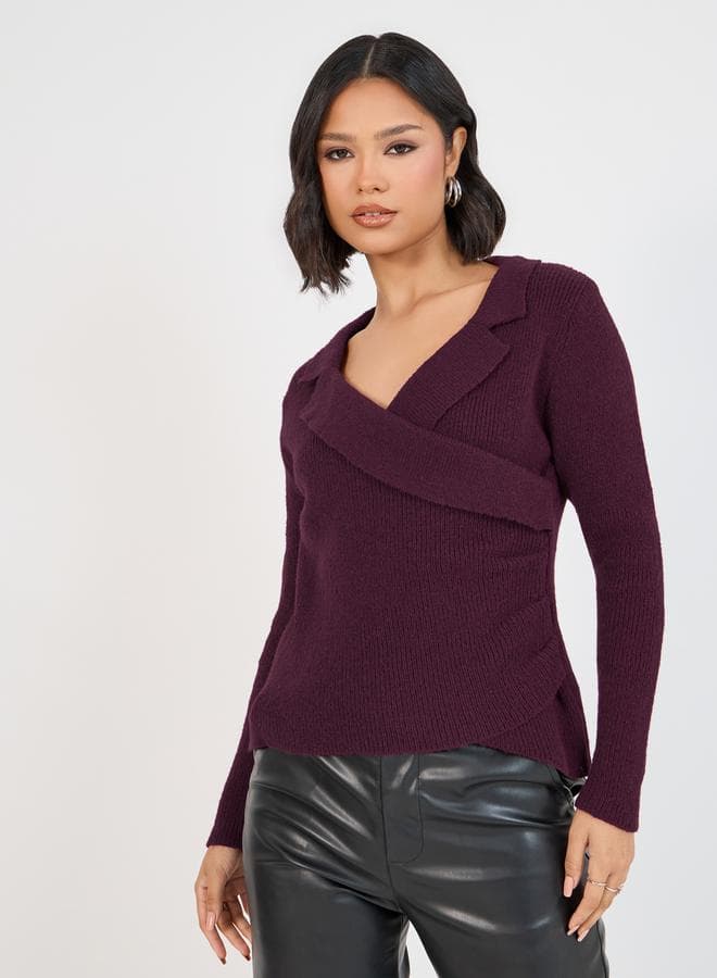 Styli Burgundy Wrap Front Collared Knit Top 7009981236 - Image 1
