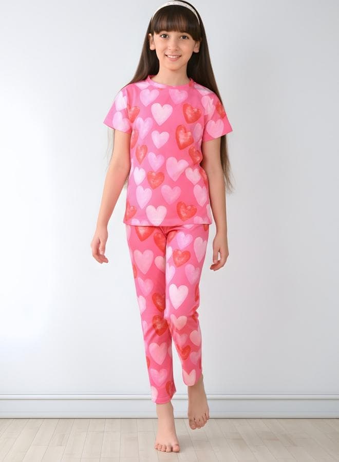 Anthrilo Heart Print Girls Pyjama Set 2111918028Pink - Image 1