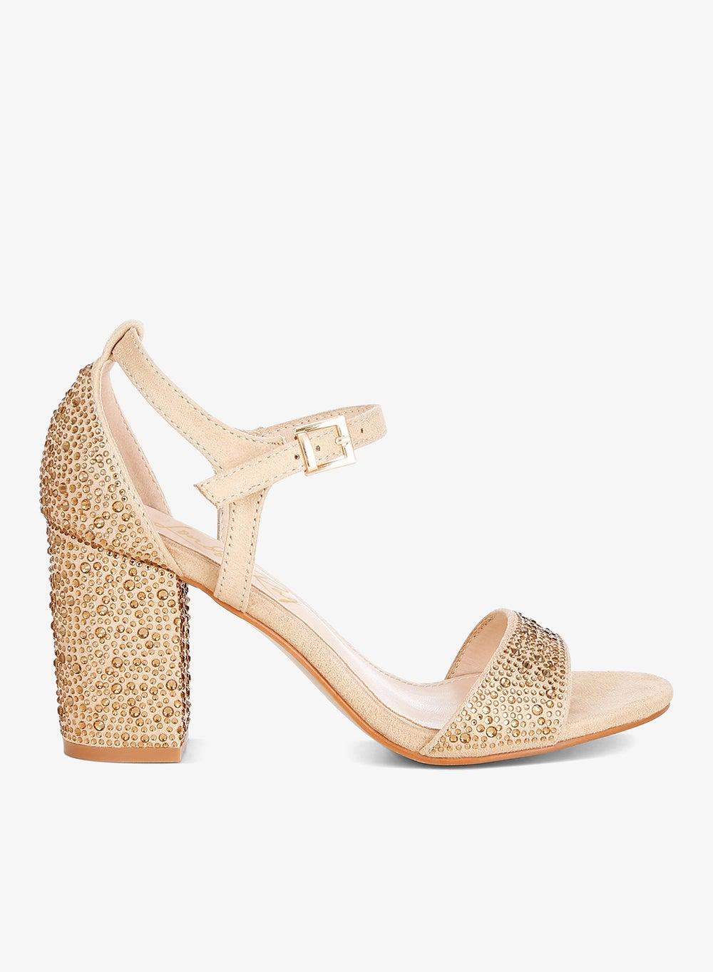Sh4810 Beige Rhinestone Heeled Sandals - Image 1