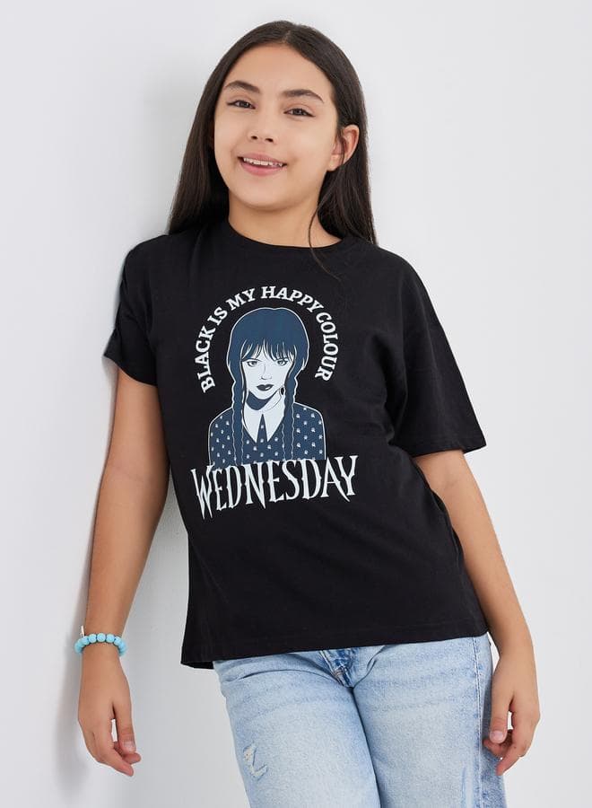 Girls Black Graphic Print Cotton T-Shirt - Image 1
