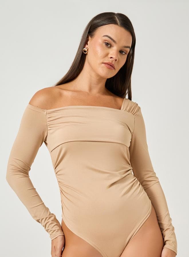 Styli Asymmetric Neck Pleated Beige Bodysuit 7012392802 - Image 1