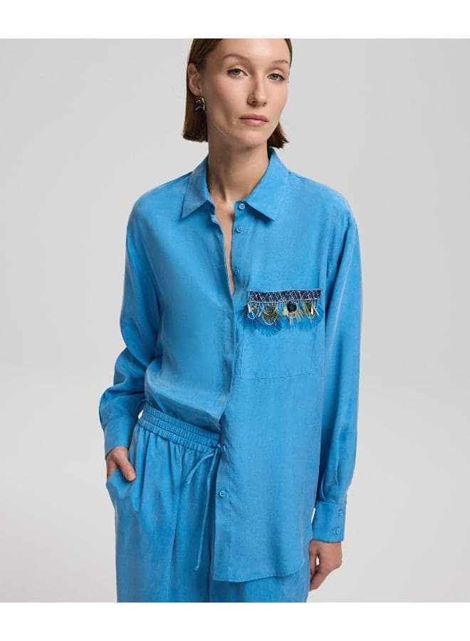 Relaxed Fit Embroidered Blue Shirt - Image 1