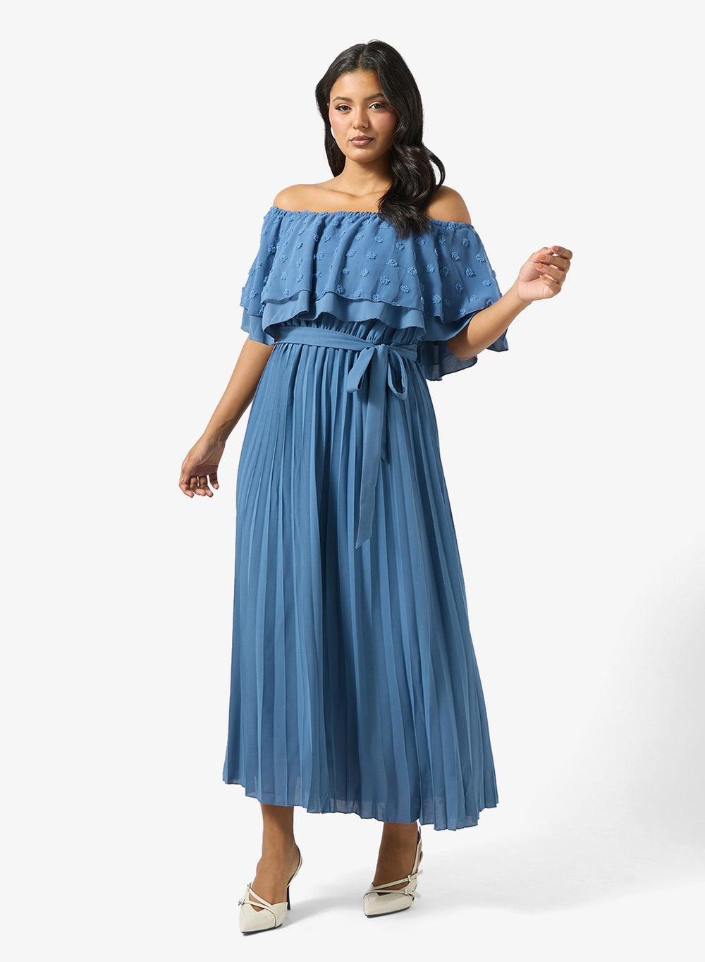 Denim Blue Off-Shoulder Tiered Midi Dress Aj8953 - Image 1