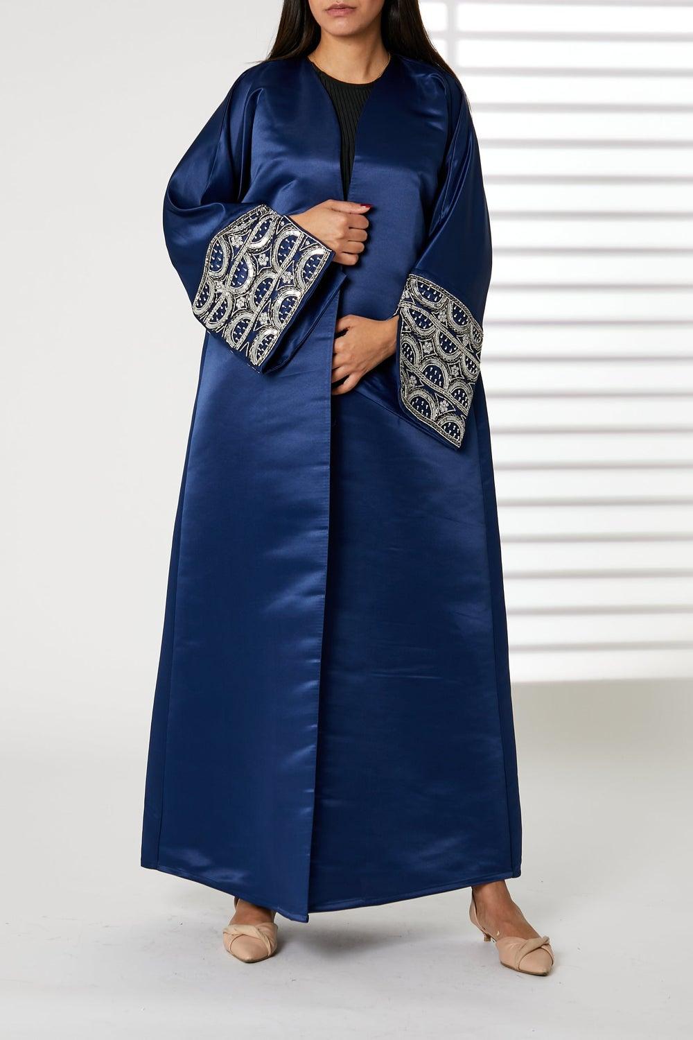 Navy Embroidered Satin Cuff Abaya Evening Elegance - Image 1
