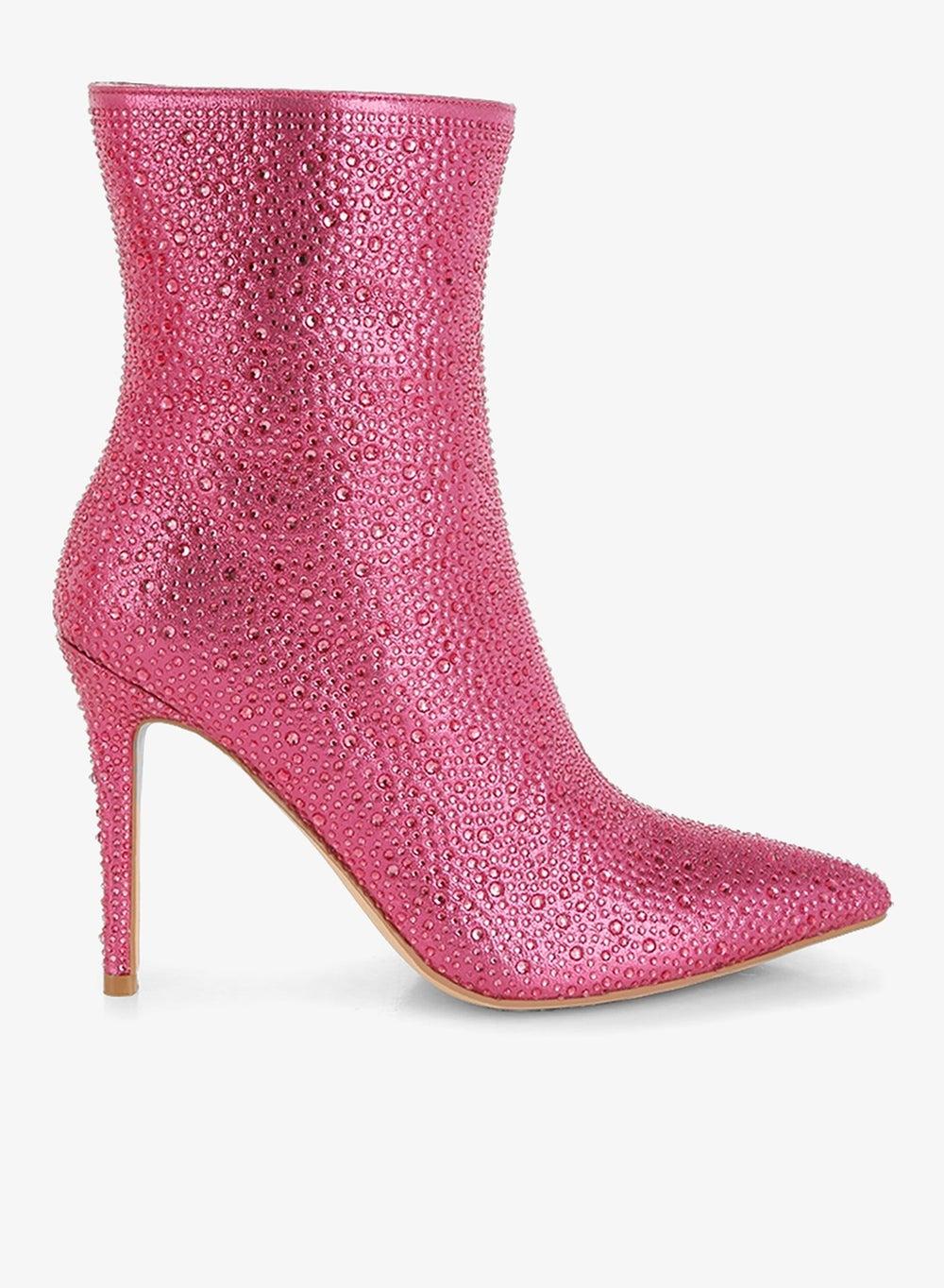 SH5319 Pink Rhinestone High Heel Ankle Boots - Image 1