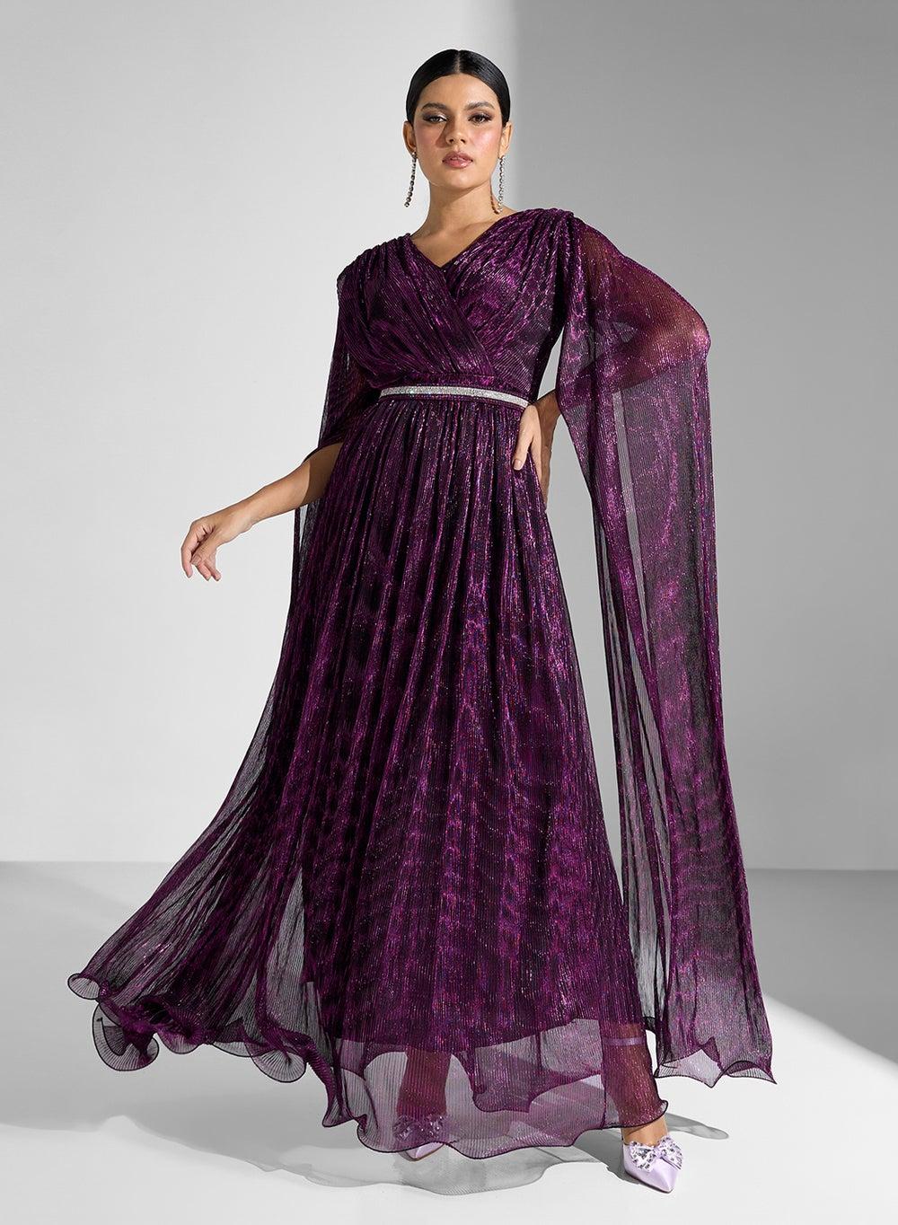 Purple Plissé Chiffon Maxi Dress V-Neck Wrap - Image 1