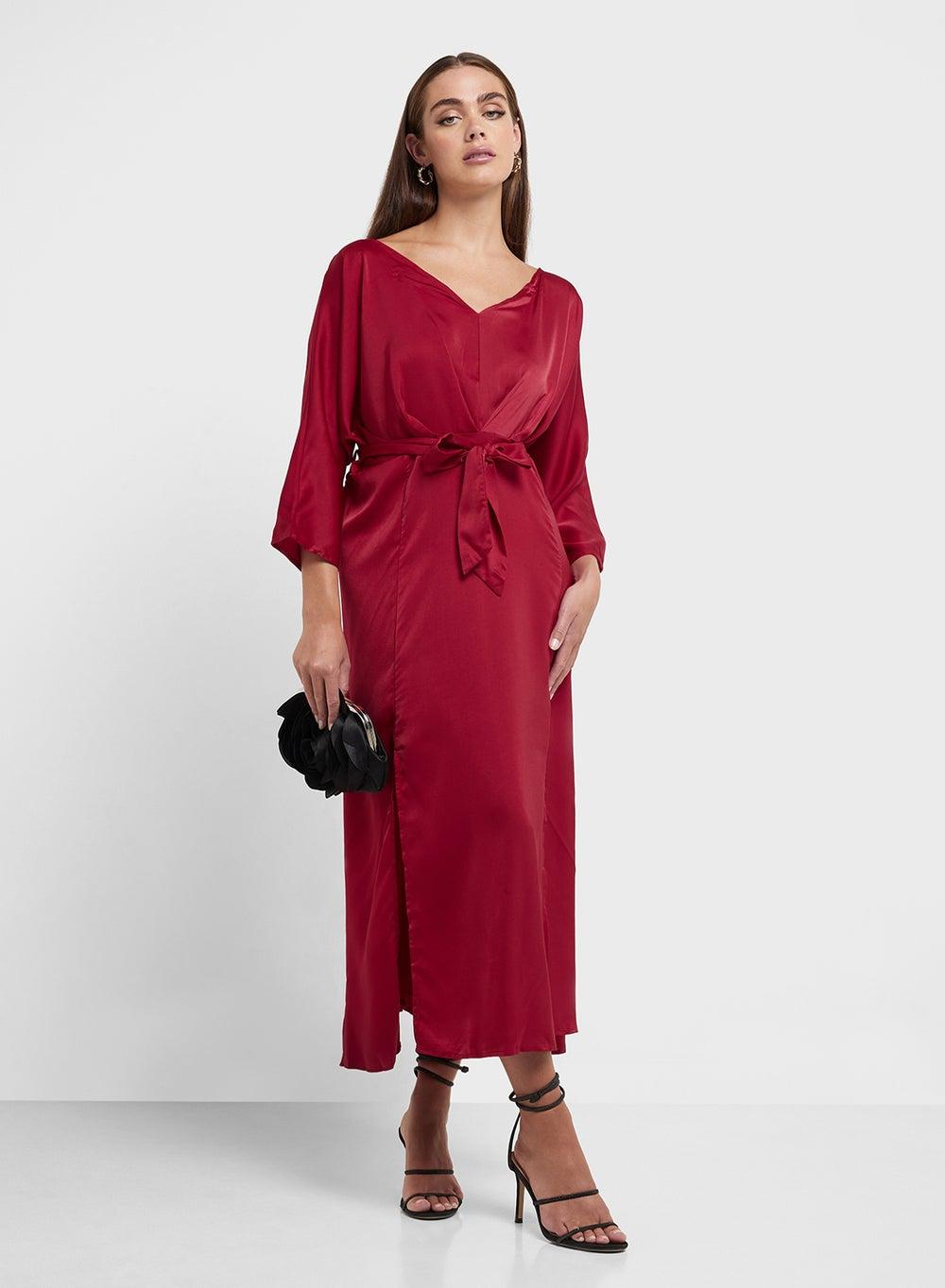 Ruby Red Belted V-Neck Midi Dress 25210 22 - Image 1