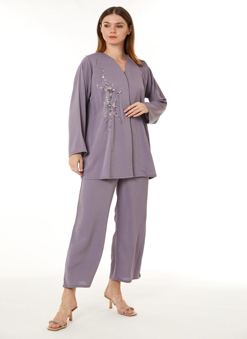 Purple Zoom Embellished Top & Pants Set - Image 1