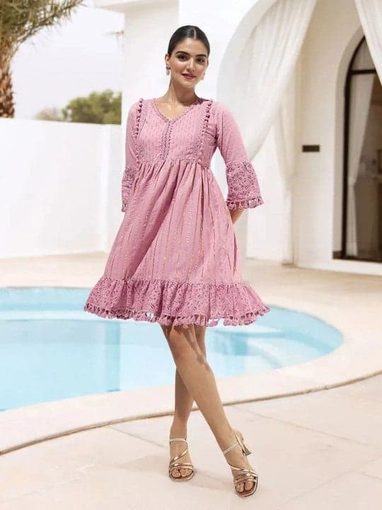 Lilac Embellished Cotton Blend Midi A-Line Dress - Image 1