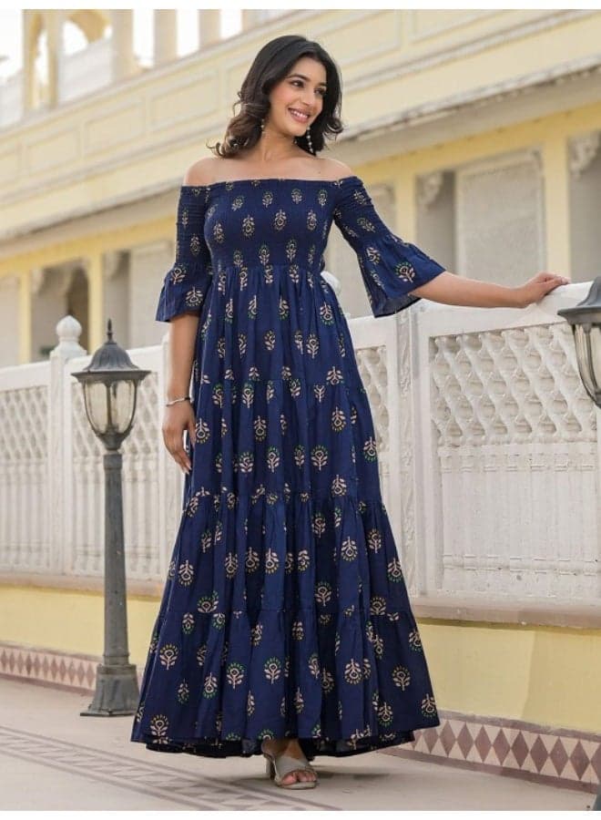 Indigo Floral Off-Shoulder Tiered Maxi Dress - Image 1