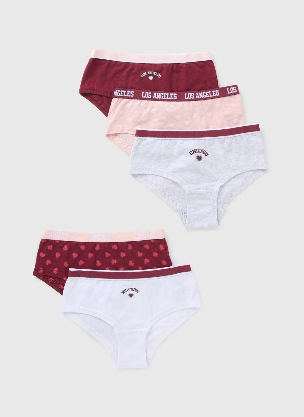 5 Pack Girls Burgundy Collegiate Cotton Hipster Briefs - Image 1