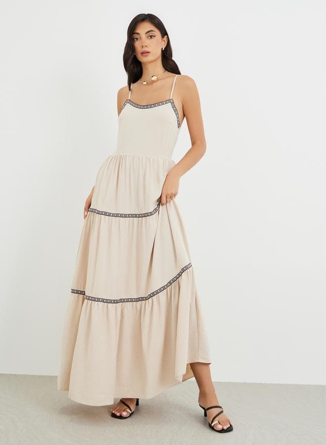 Light Beige Strappy Tiered Maxi Dress - Image 1