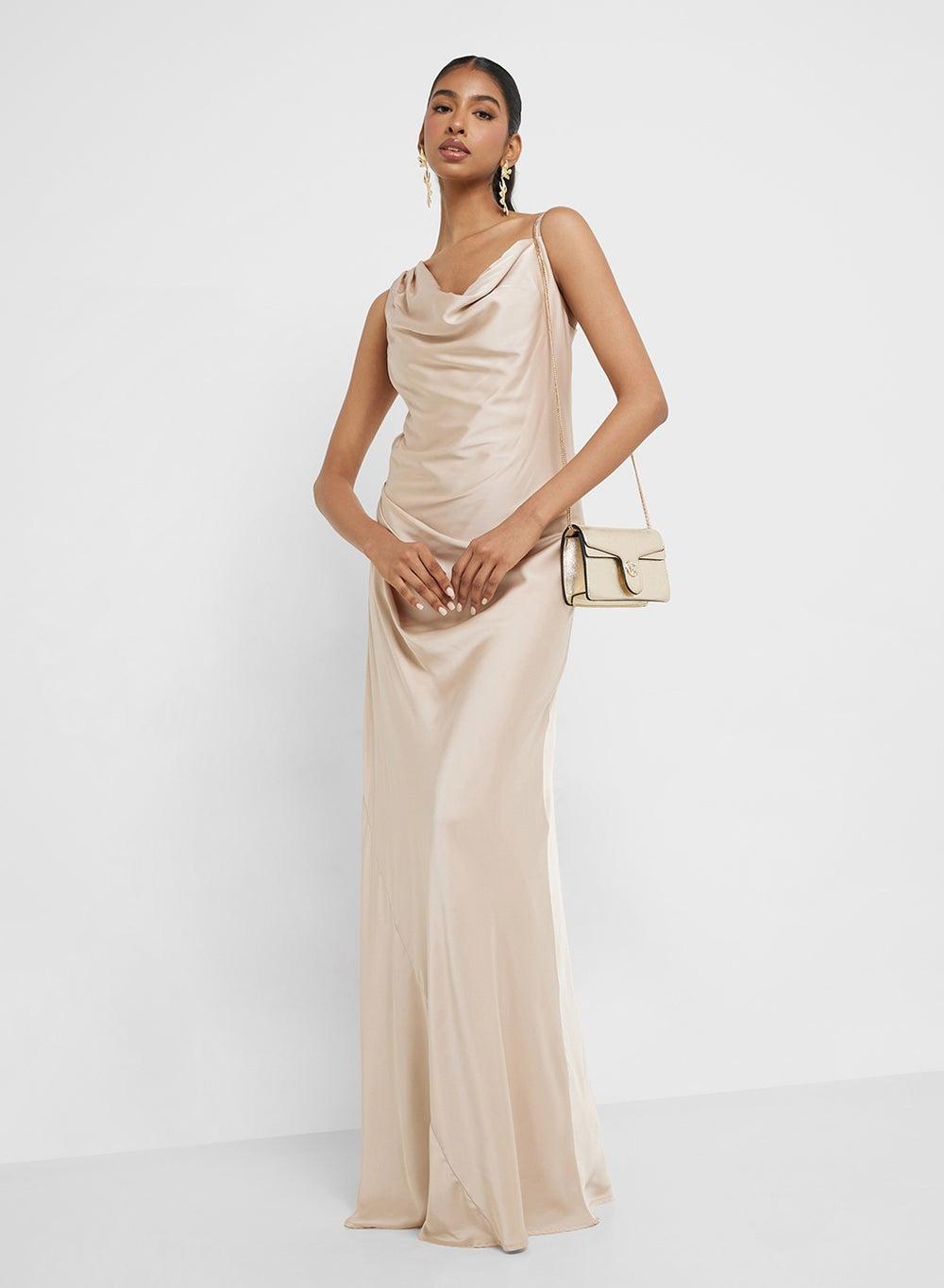 Champagne Satin Cowl Neck Maxi Dress - Image 1