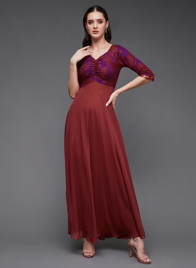 Maroon Lace Bodice A-Line Maxi Dress 7012019119 - Image 1